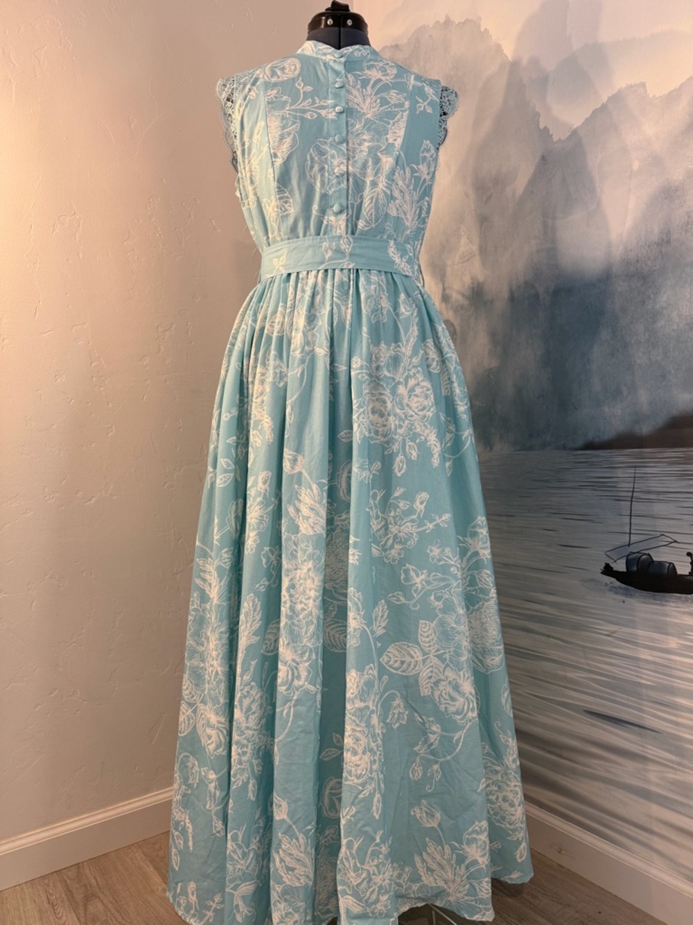 Sleeveless Light Blue Floral Maxi Dress with Belted Waist #164